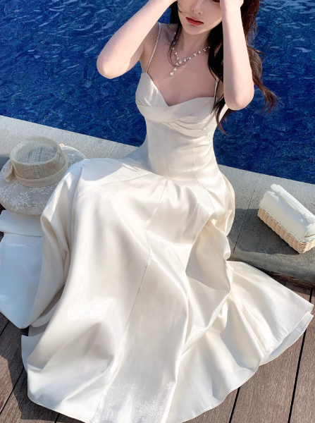 Chic White Prom Dress Satin Spaghetti Straps A-Line Long Evening Dress DP05265