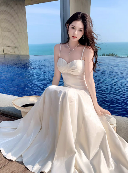 Chic White Prom Dress Satin Spaghetti Straps A-Line Long Evening Dress DP05265