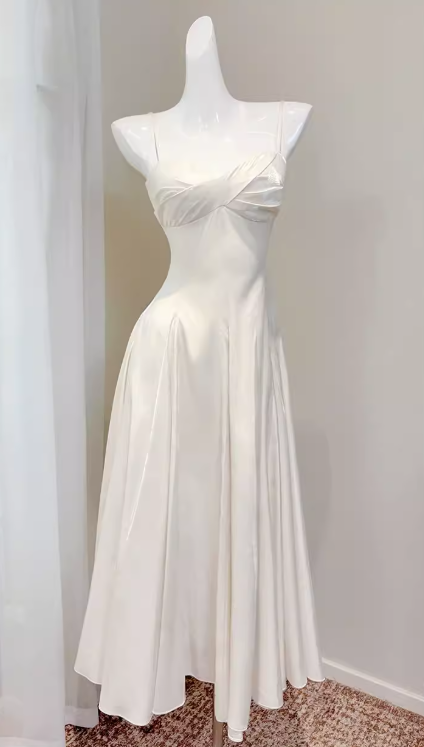 Chic White Prom Dress Satin Spaghetti Straps A-Line Long Evening Dress DP05265