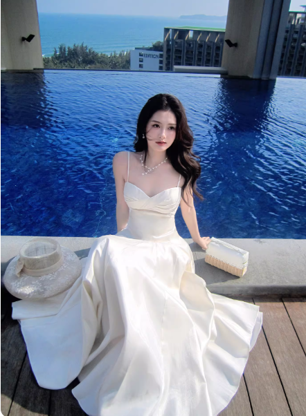 Chic White Prom Dress Satin Spaghetti Straps A-Line Long Evening Dress DP05265