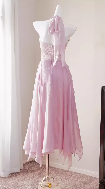 Chic Pink Prom Dress Tulle Halter A-Line Long Evening Dress DP05266