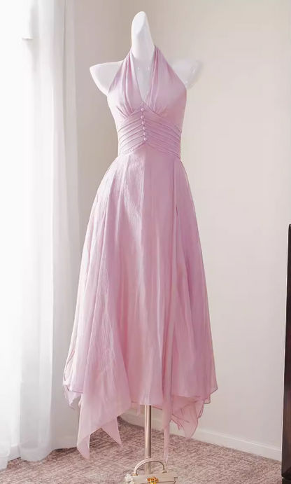 Chic Pink Prom Dress Tulle Halter A-Line Long Evening Dress DP05266