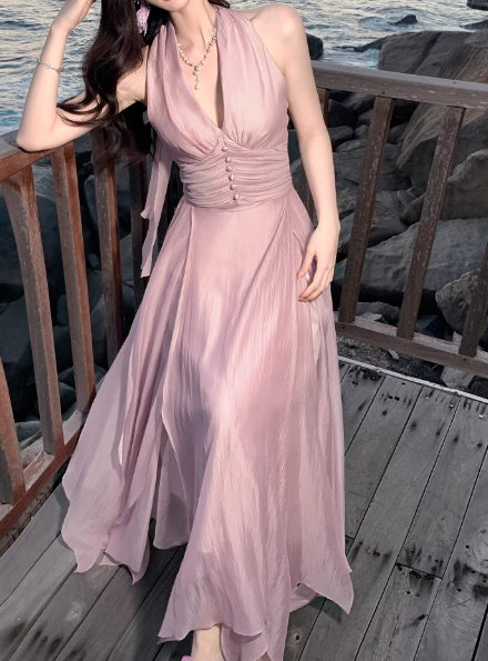 Chic Pink Prom Dress Tulle Halter A-Line Long Evening Dress DP05266