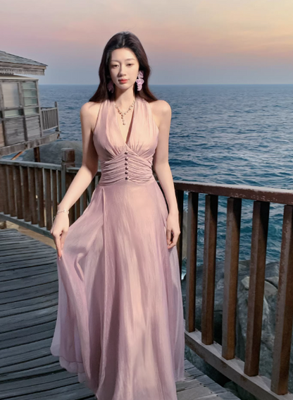 Chic Pink Prom Dress Tulle Halter A-Line Long Evening Dress DP05266