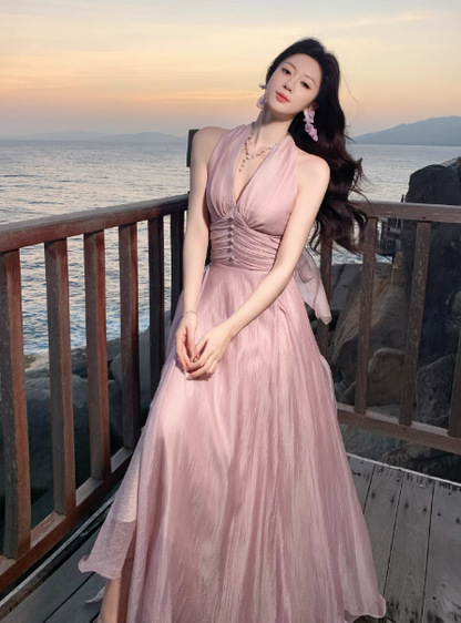 Chic Pink Prom Dress Tulle Halter A-Line Long Evening Dress DP05266