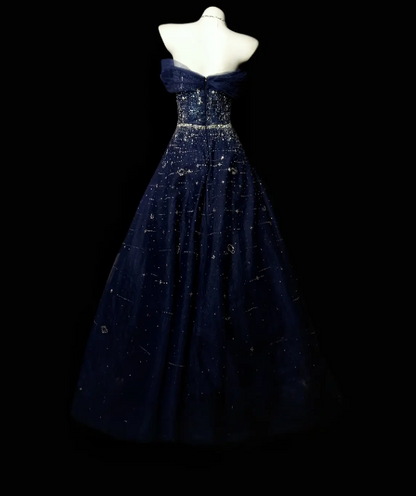 Chic Navy Blue Prom Dress Tulle  Off-shoulder A-Line Long Evening Dress DP05267