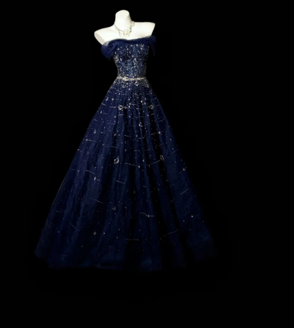 Chic Navy Blue Prom Dress Tulle  Off-shoulder A-Line Long Evening Dress DP05267