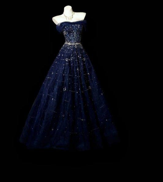 Elegantes marineblaues Tüll-Abendkleid mit schulterfreiem Schnitt und A-Linien-Schnitt DP05267