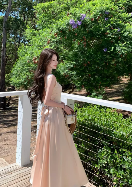 Robe de bal chic abricot à bretelles, coupe trapèze, longue robe de soirée DP05268