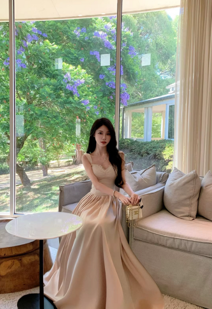 Robe de bal chic abricot à bretelles, coupe trapèze, longue robe de soirée DP05268