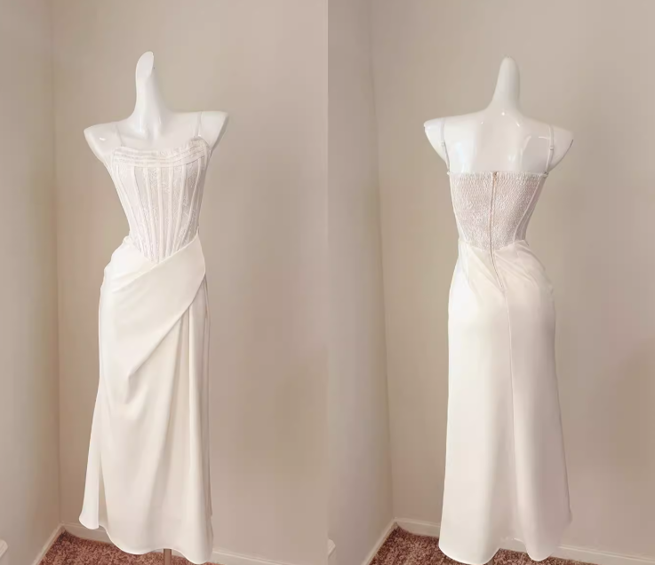 Chic White Prom Dress Satin Spaghetti Straps Sheath Long Evening Dress DP05269