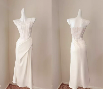 Chic White Prom Dress Satin Spaghetti Straps Sheath Long Evening Dress DP05269