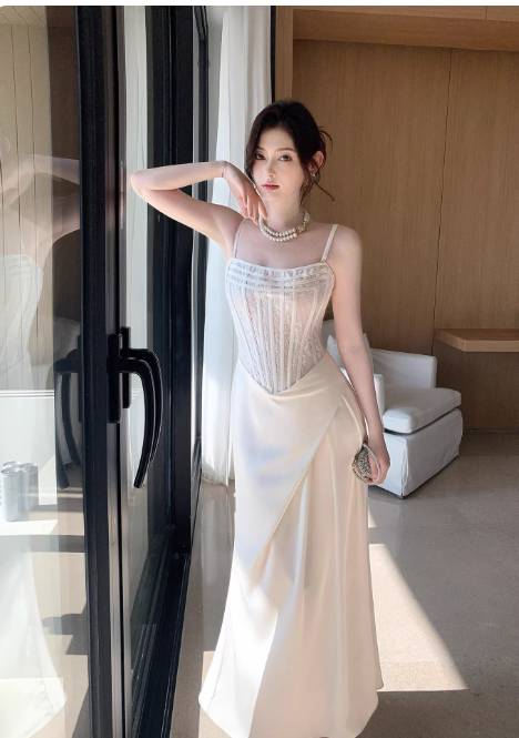 Chic White Prom Dress Satin Spaghetti Straps Sheath Long Evening Dress DP05269