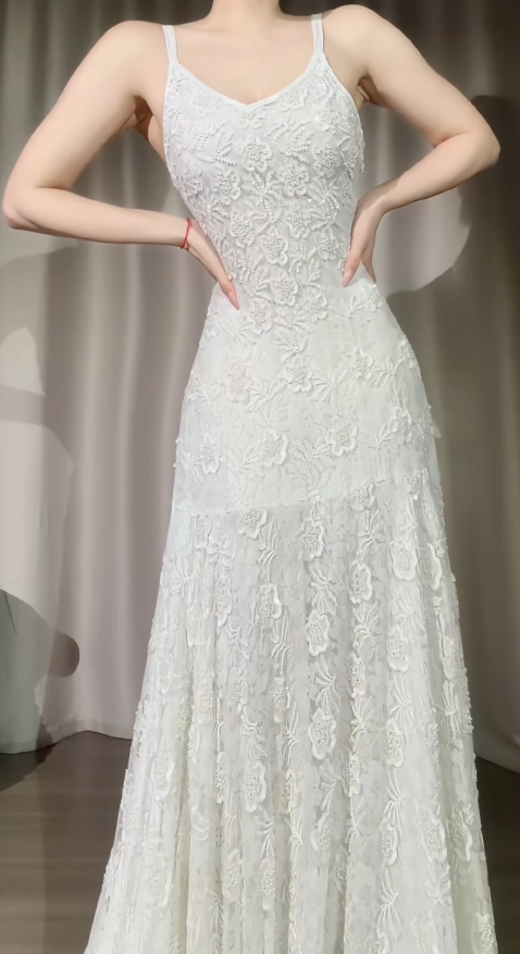 Chic White Prom Dress Lace Sequins Beaded Spaghetti Straps Sheath Long Evening Dress DP05270