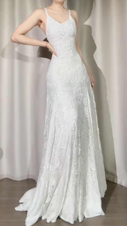 Chic White Prom Dress Lace Sequins Beaded Spaghetti Straps Sheath Long Evening Dress DP05270