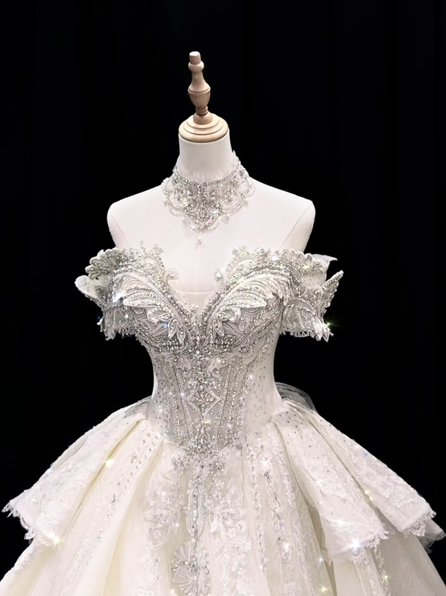 Timeless White Wedding Dress Off-shoulder A-Line Bridal Gown Tulle Bridal Dress DP05273