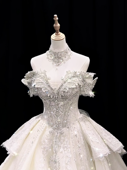 Timeless White Wedding Dress Off-shoulder A-Line Bridal Gown Tulle Bridal Dress DP05273