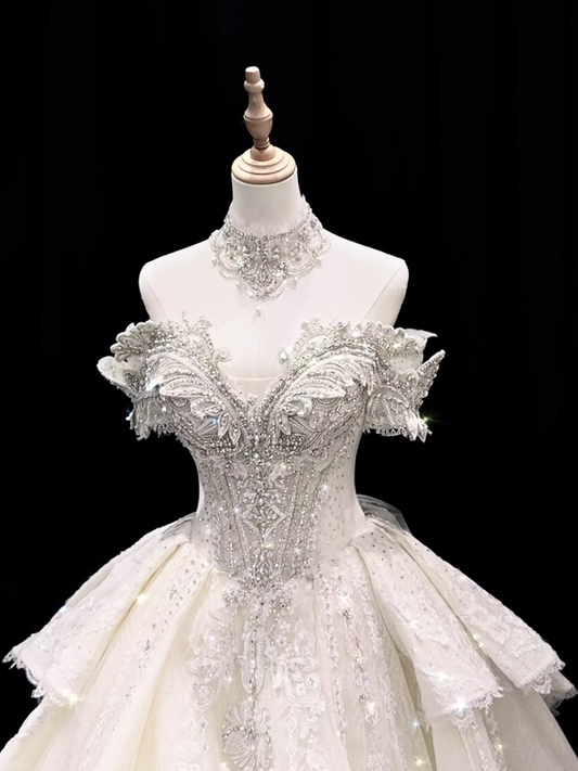 Zeitloses weißes Brautkleid, schulterfrei, A-Linie, Tüll, DP05273