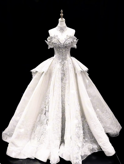 Timeless White Wedding Dress Off-shoulder A-Line Bridal Gown Tulle Bridal Dress DP05273