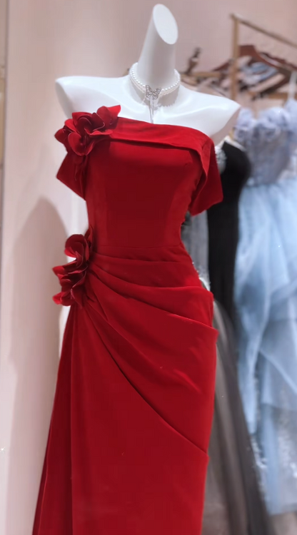 Elegant Red Prom Dress Satin Sheath Strapless Long Evening Dress DP05275
