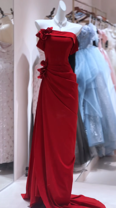 Elegant Red Prom Dress Satin Sheath Strapless Long Evening Dress DP05275