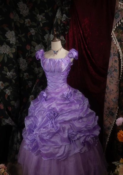 Vintage Purple Prom Dress Square Neck Tulle  A-Line Long Evening Dress DP05279