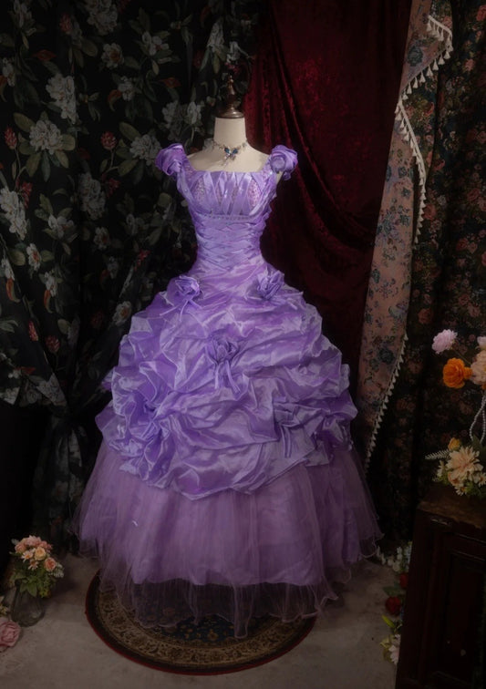 Vintage lila Ballkleid, eckiger Ausschnitt, Tüll, A-Linie, langes Abendkleid DP05279