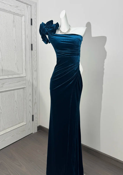 Elegant Teal Prom Dress One-shoulder Sheath Velvet Long Evening Dress DP05280
