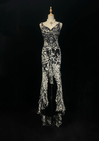 Elegantes langes Chiffon-Abendkleid mit Leopardenmuster und V-Ausschnitt, DP05281