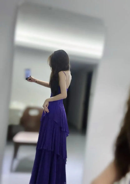 Chic Purple Prom Dress Spaghetti Straps Chiffon Sheath Long Evening Dress DP05284