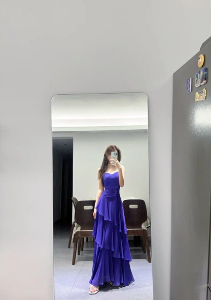Chic Purple Prom Dress Spaghetti Straps Chiffon Sheath Long Evening Dress DP05284