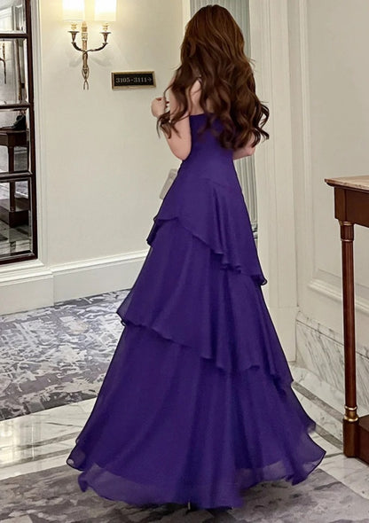 Chic Purple Prom Dress Spaghetti Straps Chiffon Sheath Long Evening Dress DP05284