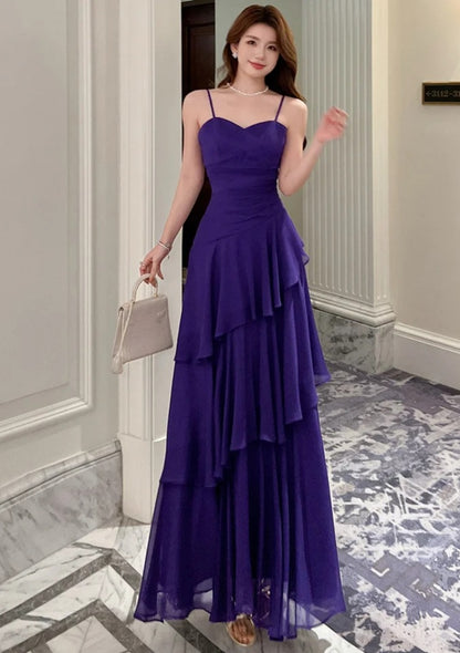 Chic Purple Prom Dress Spaghetti Straps Chiffon Sheath Long Evening Dress DP05284