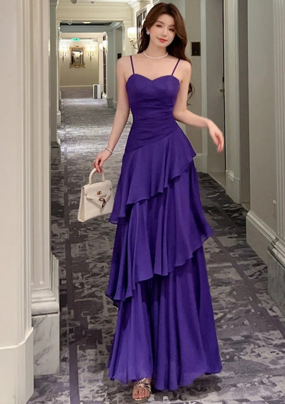 Chic Purple Prom Dress Spaghetti Straps Chiffon Sheath Long Evening Dress DP05284