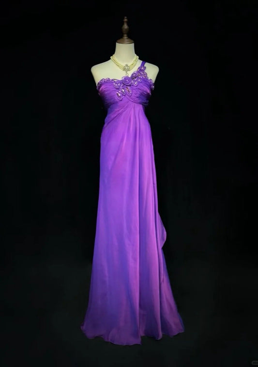 Elegantes lilafarbenes Ballkleid, schulterfreies Chiffon-Etui-Abendkleid DP05285