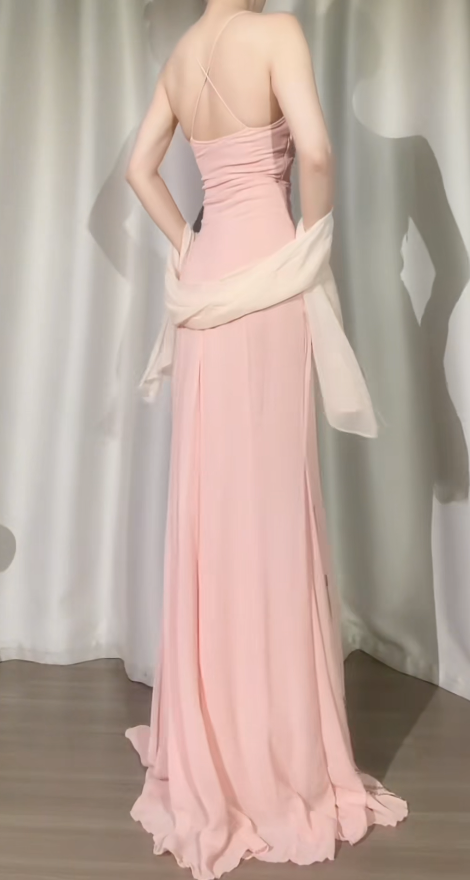 Chic Pink Prom Dress Spaghetti Straps  Chiffon Sequins Sheath Long Evening Dress DP05289