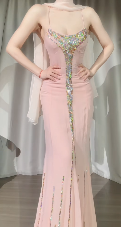 Chic Pink Prom Dress Spaghetti Straps  Chiffon Sequins Sheath Long Evening Dress DP05289