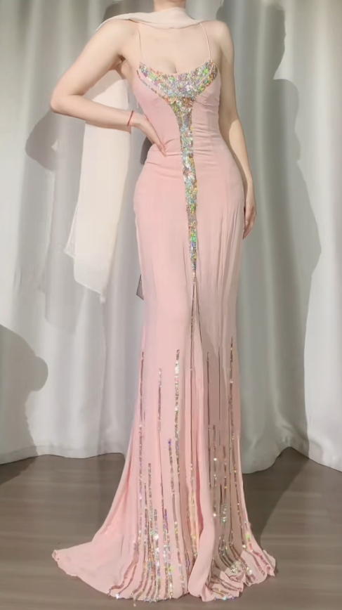 Chic Pink Prom Dress Spaghetti Straps  Chiffon Sequins Sheath Long Evening Dress DP05289