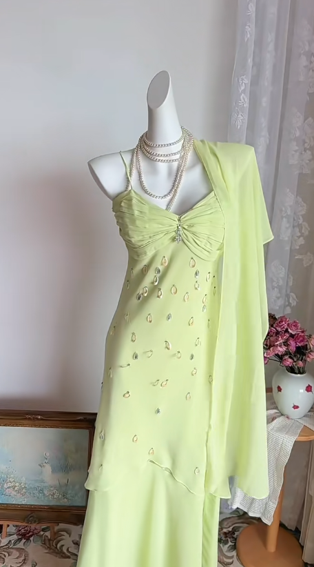 Chic Green Prom Dress Spaghetti Straps  Chiffon  Sheath Long Evening Dress DP05290