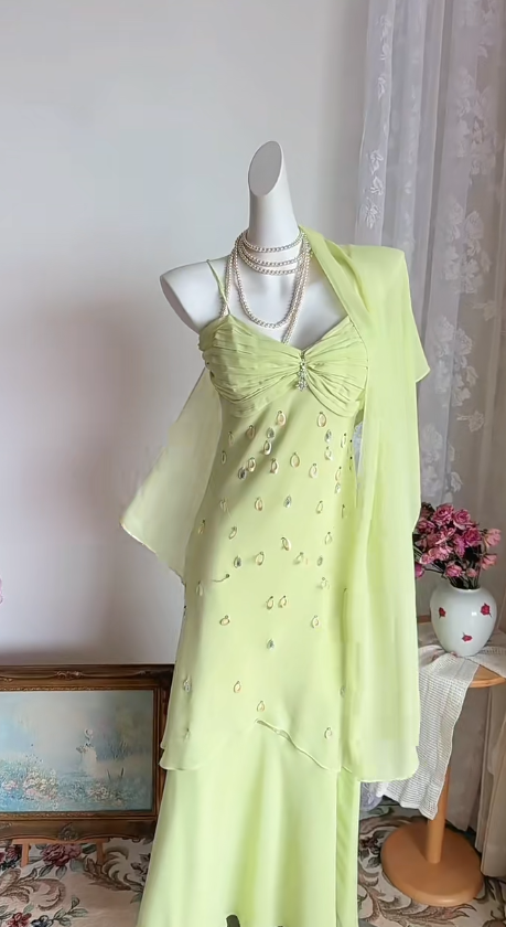Chic Green Prom Dress Spaghetti Straps  Chiffon  Sheath Long Evening Dress DP05290