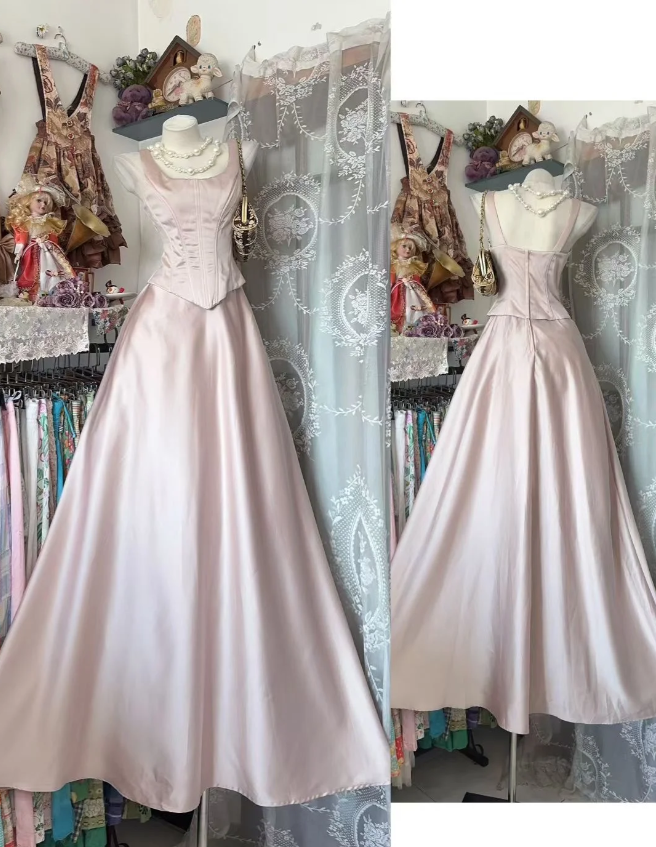 Chic Straps A-Line Long Evening Dress Satin Soft Pink Prom Dress DP05292