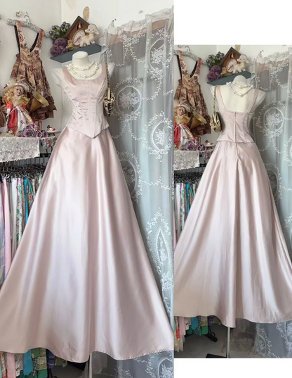Chic Straps A-Line Long Evening Dress Satin Soft Pink Prom Dress DP05292