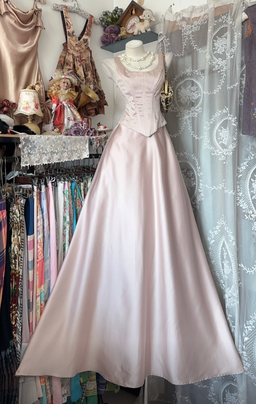 Chic Straps A-Line Long Evening Dress Satin Soft Pink Prom Dress DP05292