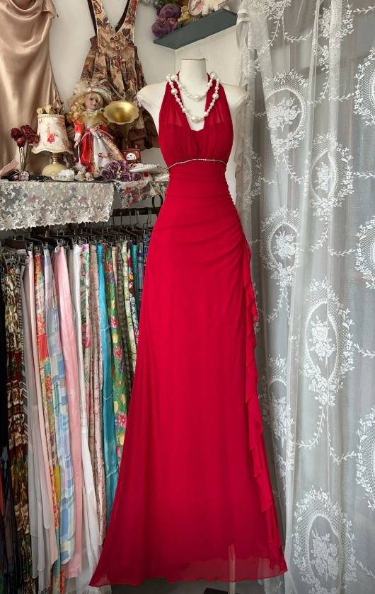 Elegantes, langes Chiffon-Abendkleid mit V-Ausschnitt, Etui-Schnitt, rot, Ballkleid DP05293