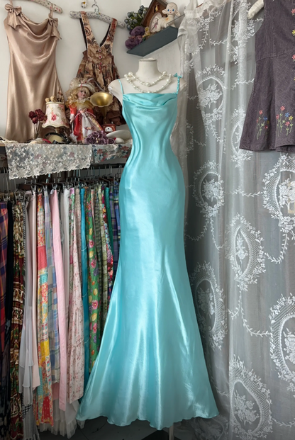 Chic Spaghetti Straps Sheath Long Evening Dress Satin Blue Prom Dress DP05294