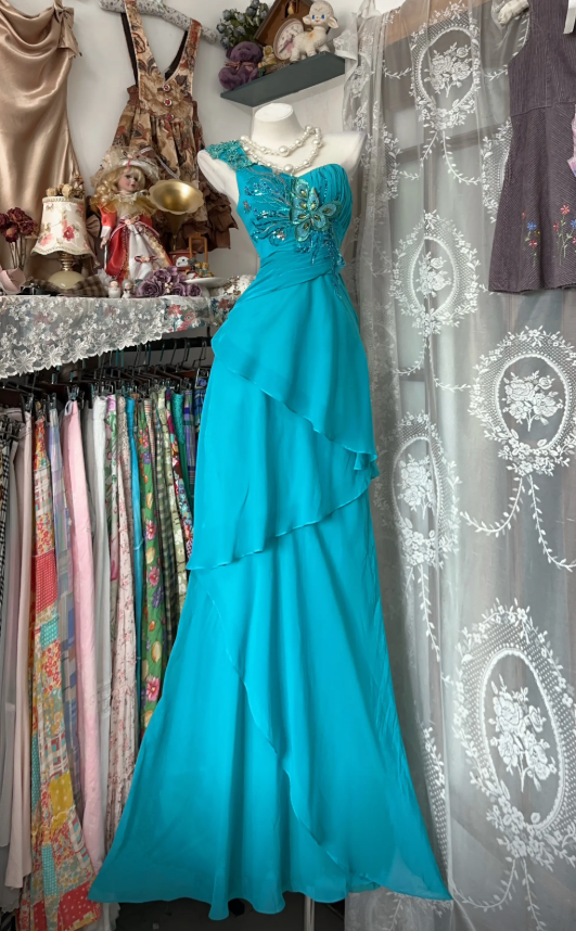 Elegantes, schulterfreies, langes Chiffon-Abendkleid in Türkis (DP05295)