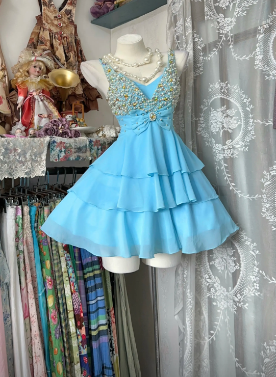 Chic A-line V-neck Short Birthday Dress Beaded Chiffon Blue Prom Dress DP05299