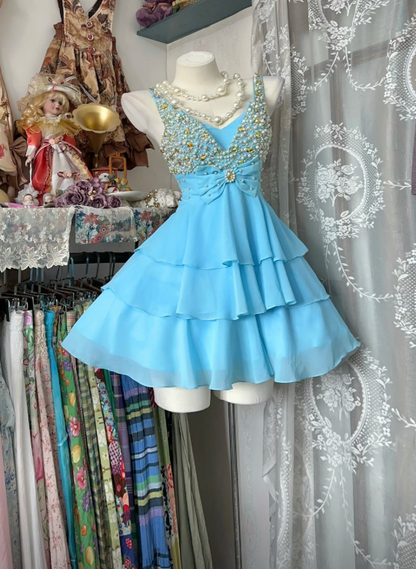 Chic A-line V-neck Short Birthday Dress Beaded Chiffon Blue Prom Dress DP05299