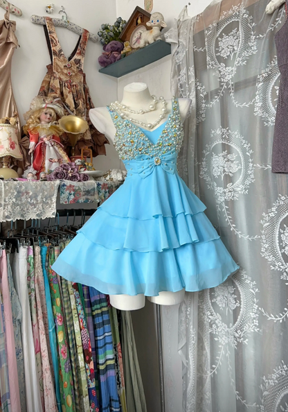 Chic A-line V-neck Short Birthday Dress Beaded Chiffon Blue Prom Dress DP05299