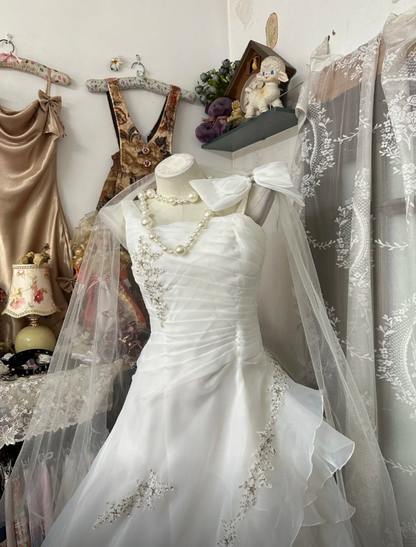 Chic White Long Wedding Dress A-Line Straps Tulle Bridal Dress Sleeveless Bridal Gowns  DP05300